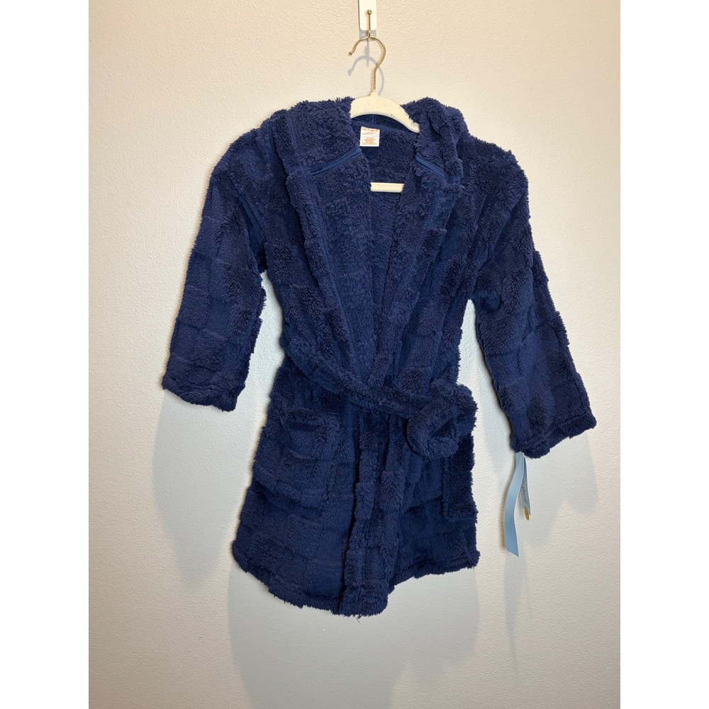 Cat & Jack Kids Navy Blue Plush Hooded Robe Size S 6/7 Textured Fleece NWT